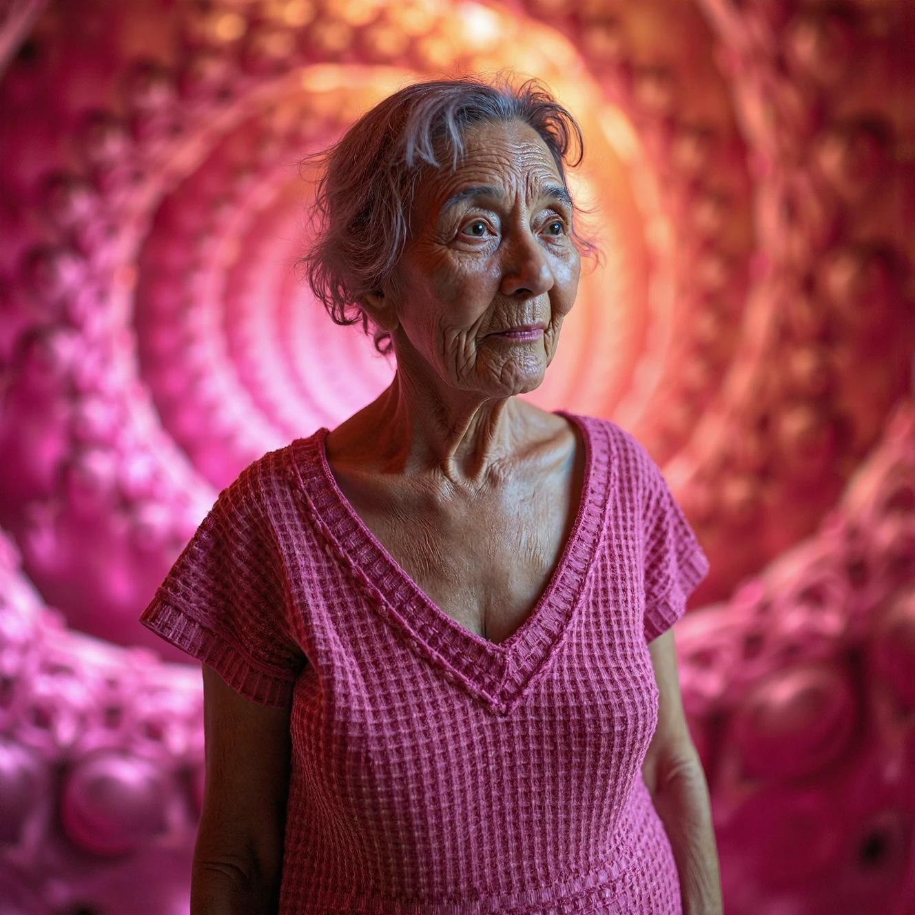 RAW photo, a candid full body portrait of a beautiful 70 year old woman, wrinkled face, (pink summer dress made of fractals like spiked romanesco cabbage), 8k uhd, dslr, soft lighting, high quality, film grain, Fujifilm XT3 <lora:FLUX_Polyhedron_all_Kohya_ss-000001:0.1>
small chin, (no freckles:0.5), perfect eyes, glowing irises, ((even eyes)), ((even pupils)), round iris, detailed pupils, light reflections, visible cornea, blood vessels, (wet skin:1.1), (sweat:1.1), white winter skin, wax skin, marble skin, pale skin, clear skin, [[skin blemishes]], skin pores, blush, flushed cheeks, [[[[[moles]]]]], wrinkles, [[[[vitiligo spots]]]], [[whiteheads]], [[[blackheads]]], [pimples], perfect hands, shiny bright eyes, centered pupils, blood vessels in sclera, detailed skin, [[oiled shiny skin]], beauty spots, skin fuzz, shine from within, hands off face, ((not asian))
she holds a strange device in his hand that consists of glowing fractals which form the universe
she stands in a strange but colorful corridor or tunnel that consists of fractals with a fractal floor and a double spiral staircase, fractal art, a fractal, (apophysis:1.1), helix, infinity, non euclidean, golden spiral, fibonacci, julian, mandelbrot  <lora:FLUX_Polyhedron_fractal_art_Kohya_ss-000001:1>