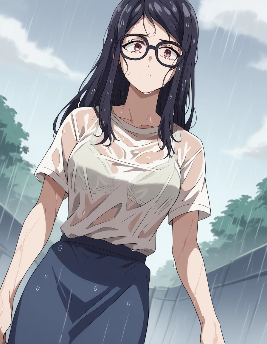 score_9, score_8_up, score_7_up, source_anime, <lora:chizuru-nakamura-s1-ponyxl-lora-nochekaiser:1>, chizuru nakamura, long hair, black hair, red eyes, glasses, medium breasts, <lora:bra-visible-through-clothes-ponyxl-lora-nochekaiser:1>, bra visible through clothes, wet shirt, wet clothes, see-through, see-through shirt, bra, bralines, wet, white shirt, bra peek, wet skirt,, outdoors, rain, cloudy, , cowboy shot, dutch angle