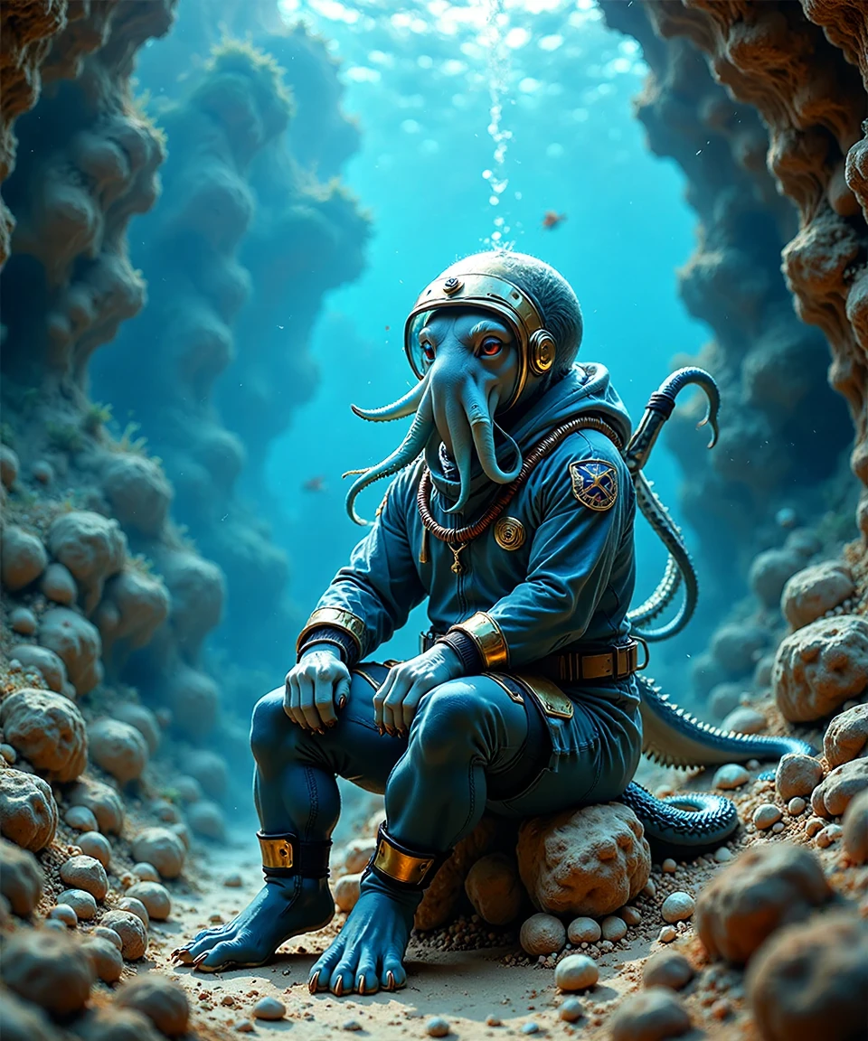 <lora:animan_01:1.2>,animanflux,This is a highly detailed realistic candid photography depicting an anthropomorphic animal figure.In a mysterious underwater world, an anthropomorphic octopus character sits on a coral reef. The octopus has blue skin and curious eyes, wearing a diving suit. His tentacles dance nimbly in the water, and his tail gently sways behind him. The underwater world is colorful, with schools of fish swimming among the coral reefs.