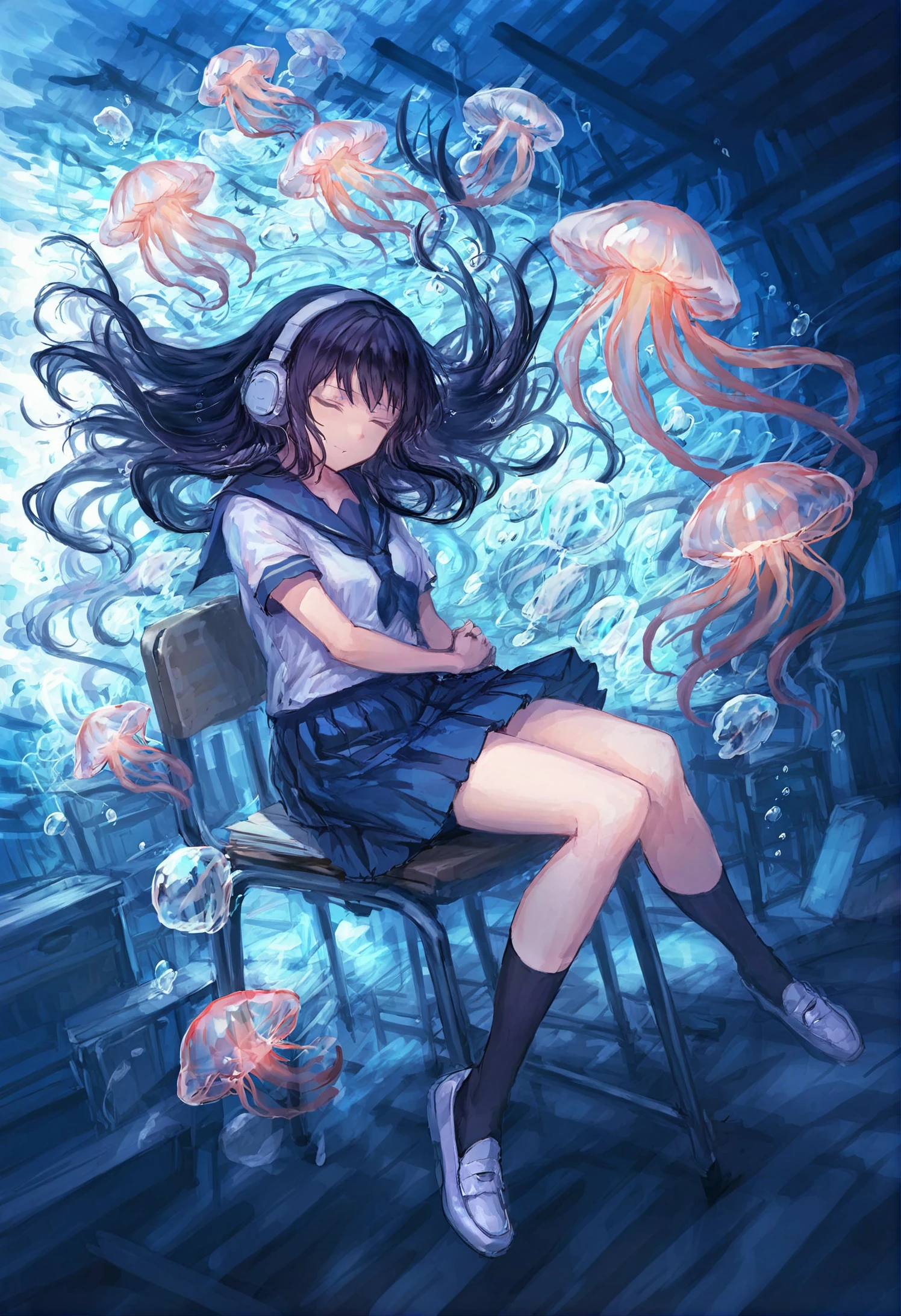 1girl, 
headphones, solo, desk, skirt, long hair, school desk, socks, closed eyes, shoes, chair, black hair, shirt, white shirt, school chair, bubble, school uniform, black socks, blue skirt, short sleeves, kneehighs, floating hair, pleated skirt, closed mouth, knees up, white footwear, hugging own legs, air bubble, blue theme, blue socks, underwater, facing viewer, loafers, jellyfish, on chair, serafuku,
.
masterpiece, best quality, score_9, score_7_up, score_6_up
 <lora:lm7XLlokr4f-000187:0.95>