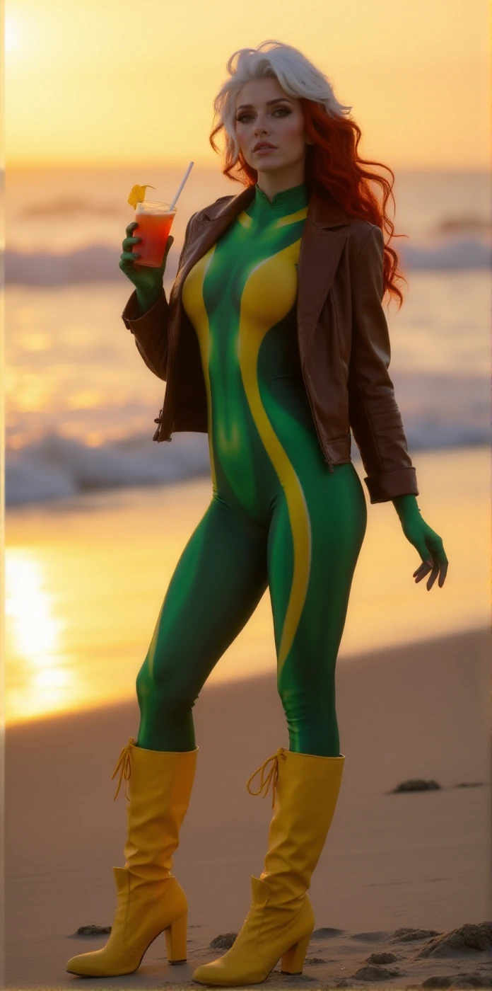 Rogue is a woman wearing a green and yellow bodysuit costume, Front strands of white hair, Redhead. She wears a brown leather jacket.higheels. full body.she is having a cocktail on the beach at sunset<lora:Rogue:0.9>