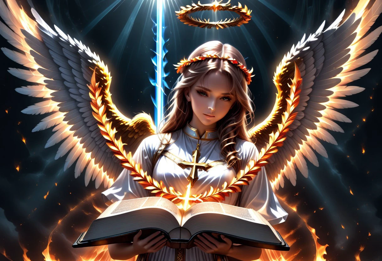 ultra realistic image with high resolution and stable focus correct and accurate anatomy, perfect detail of neon divine angel, sense of divinity, beauty, humility, wings, halo, flaming sword, laurel wreath, bible, gospel