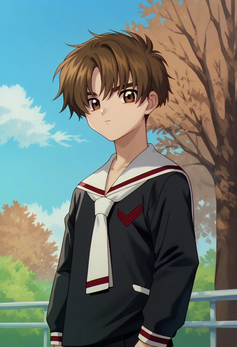 score_9, score_8_up, score_7_up, source_anime, highly detailed, 
syaoran, 1boy, male focus, solo, brown hair, brown eyes,  school uniform, shirt, black shirt, long sleeves, sailor collar, looking at viewer
outdoor, sky, cloud, tree