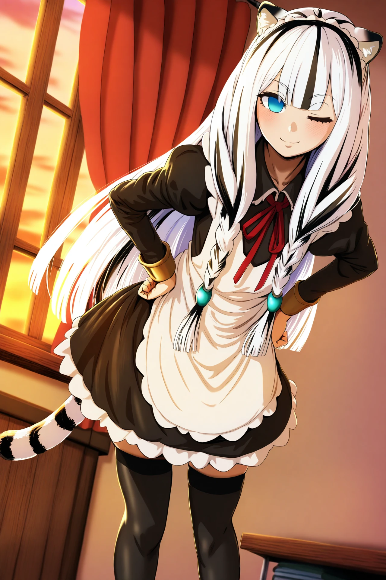 <lora:atla_fayon_illustrious_lora_v1:1>, 1girl, atla fayon, blue eyes, no pupils, tiger tail, solo,
maid, maid headdress, maid apron, black dress, frilled dress, long sleeves, puffy sleeves, black thighhighs, red ribbon,
one eye closed, wink, smile, looking at viewer, leaning forward, leaning to the side, hand on own hip, dutch angle,
indoors, wooden wall, window, wooden table, curtains, sunset, dusk,
anime screencap, by hero neisan, by agwing86,
masterpiece, best quality