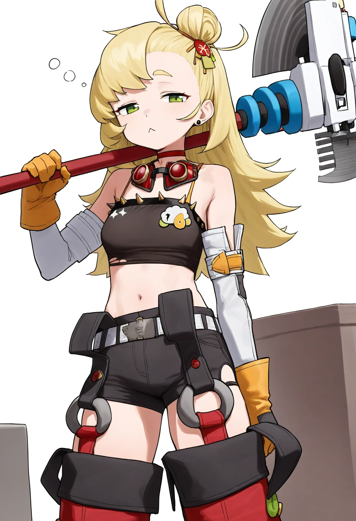 1girl, solo, impiper, healthyman, (modare:0.6), white background,
standing, looking at viewer,
single hair bun, hair ornament, long hair, blonde hair, green eyes, holding axe, weapon over shoulder, sleepy, :<,
black camisole, crop top, choker, detached sleeves, gloves, goggles around neck, choker, stud earrings, short shorts, black shorts, orange thigh boots,
<lora:PiperIllustriousLast_2:1>