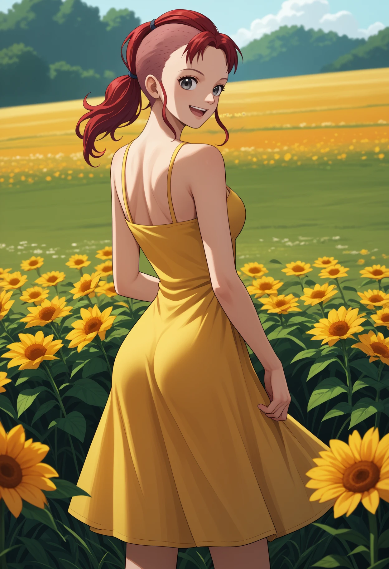 score_9, score_8_up, score_7_up, source_anime, <break> from behind, solo, 1girl, bellemere, smile, open mouth, looking back, red hair, ponytail, mohawk, grey eyes, yellow sundress, bare shoulders, outdoors, flower field
<segment:yolo-face_yolov8m.pt,0.4,0.5//cid=1>