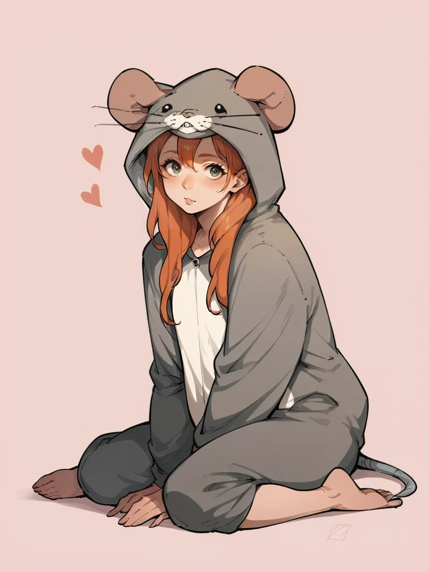 score_9, score_8_up, score_7_up, score_6_up, score_5_up,  <lora:ratonsieXLP3:1> rat onsie, barefoot, animal costume, tail, 1girl, ginger hair, sitting, heart, pink background,