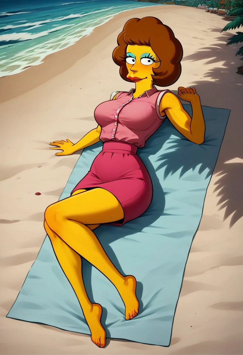 Anna is a sexy woman in her 30s, He has brown hair and green eyes, eating una banana,, eating, Open mouth, Looking at the sky, on the floor, full body, 4k, HD, nude, skin