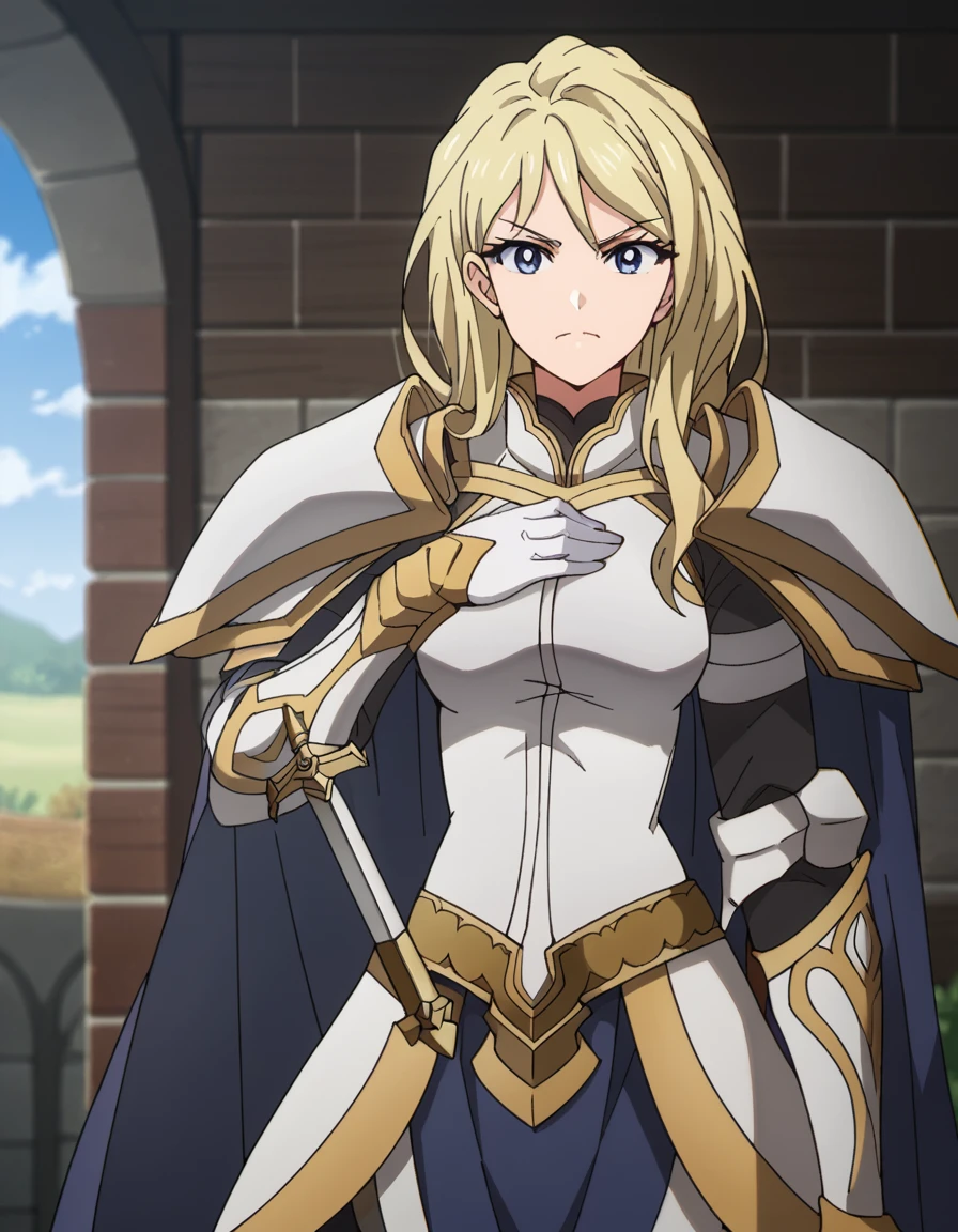 score_9, score_8_up, score_7_up, source_anime, <lora:female-knight-s2-ponyxl-lora-nochekaiser:1>, female knight, long hair, blue eyes, blonde hair, medium breasts,, weapon, sword, cape, armor, shoulder armor, gauntlets, pauldrons, breastplate, knight,, backyard, barbecue, grilling, laughter, summer evening, , looking at viewer, hands on own chest,, solo,, cowboy shot, dutch angle