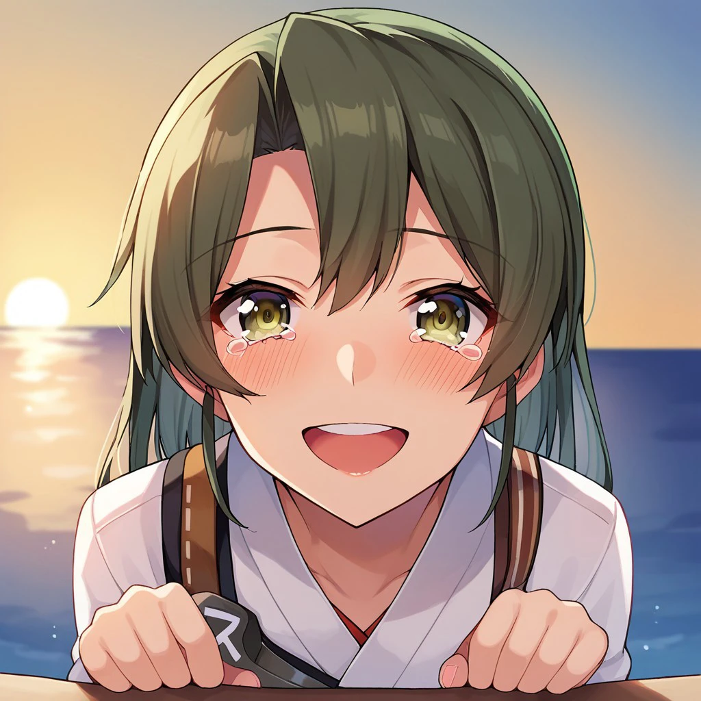 score_9, score_8, score_7, source_anime, zuikaku (kancolle), POV, 
looking at viewer, blush, smile, open mouth, upper teeth only, sunset, ocean, tears