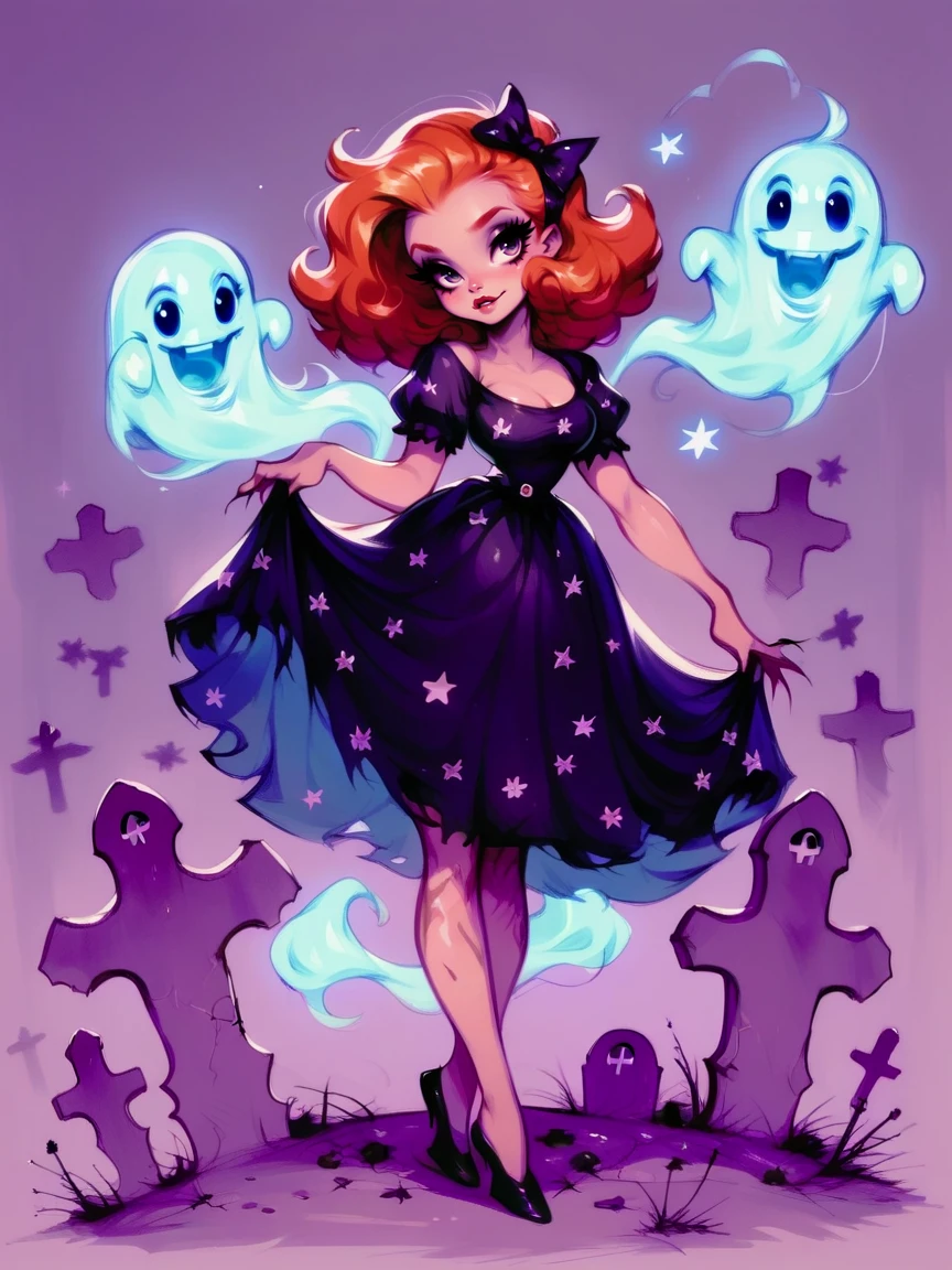 score_9, score_8_up, score_7_up, score_6_up, score_5_up <lora:K33N3RXLP:1> k33n3r, 1girl, solo, ginger hair, ghost, spooky, dress, graveyard,