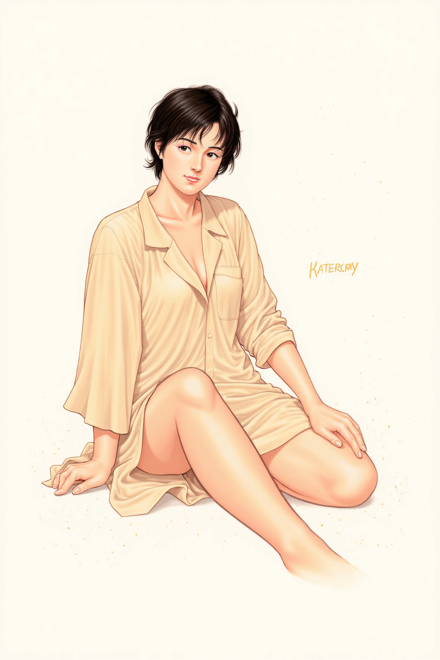 This is a detailed,two-panel digital drawing in a soft,pastel color palette. The artwork features a young woman with a light skin tone and short,dark hair styled in a casual,tousled manner. She is depicted in a relaxed,seated position,with one leg bent and the other extended,and her right arm resting on the ground for support. She wears an oversized,light beige shirt that is slightly wrinkled,giving it a lived-in appearance. The shirt is unbuttoned,revealing a hint of her chest,and the sleeves are rolled up to her elbows. The background is a light,off-white color,with subtle speckles that add texture and depth to the scene. The overall style is clean and minimalist,with a focus on the subject's serene expression and naturalistic details. 
<lora:Tsukasa Hojo_FLUX:1>,