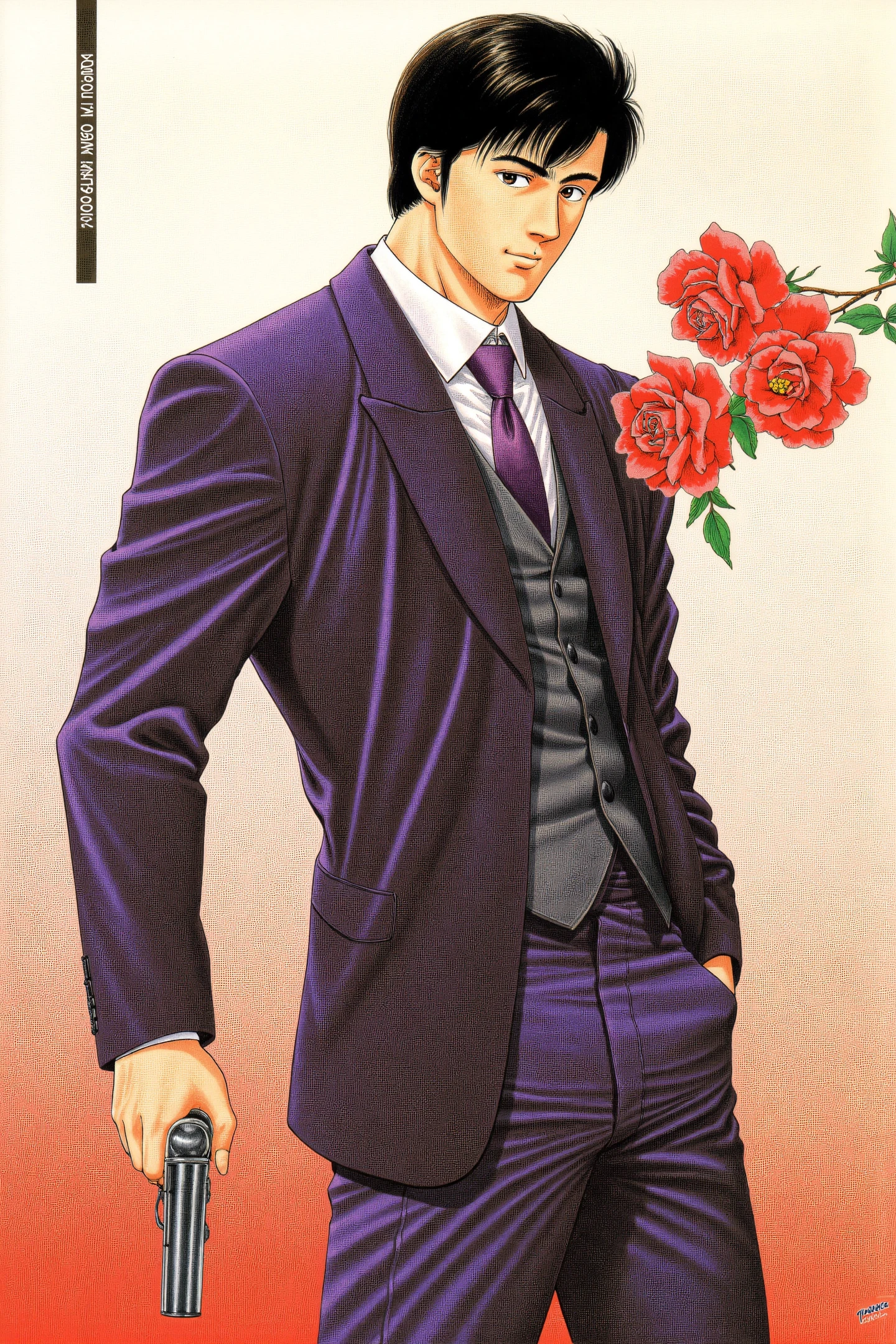 Saeba Ryo,1boy,weapon,solo,male focus,gun,traditional media,formal,flower,suit,rose,firing,necktie,handgun,red flower,marker (medium),holding weapon,black hair,holding,holding gun,red rose,
<lora:Tsukasa Hojo_FLUX:1>,