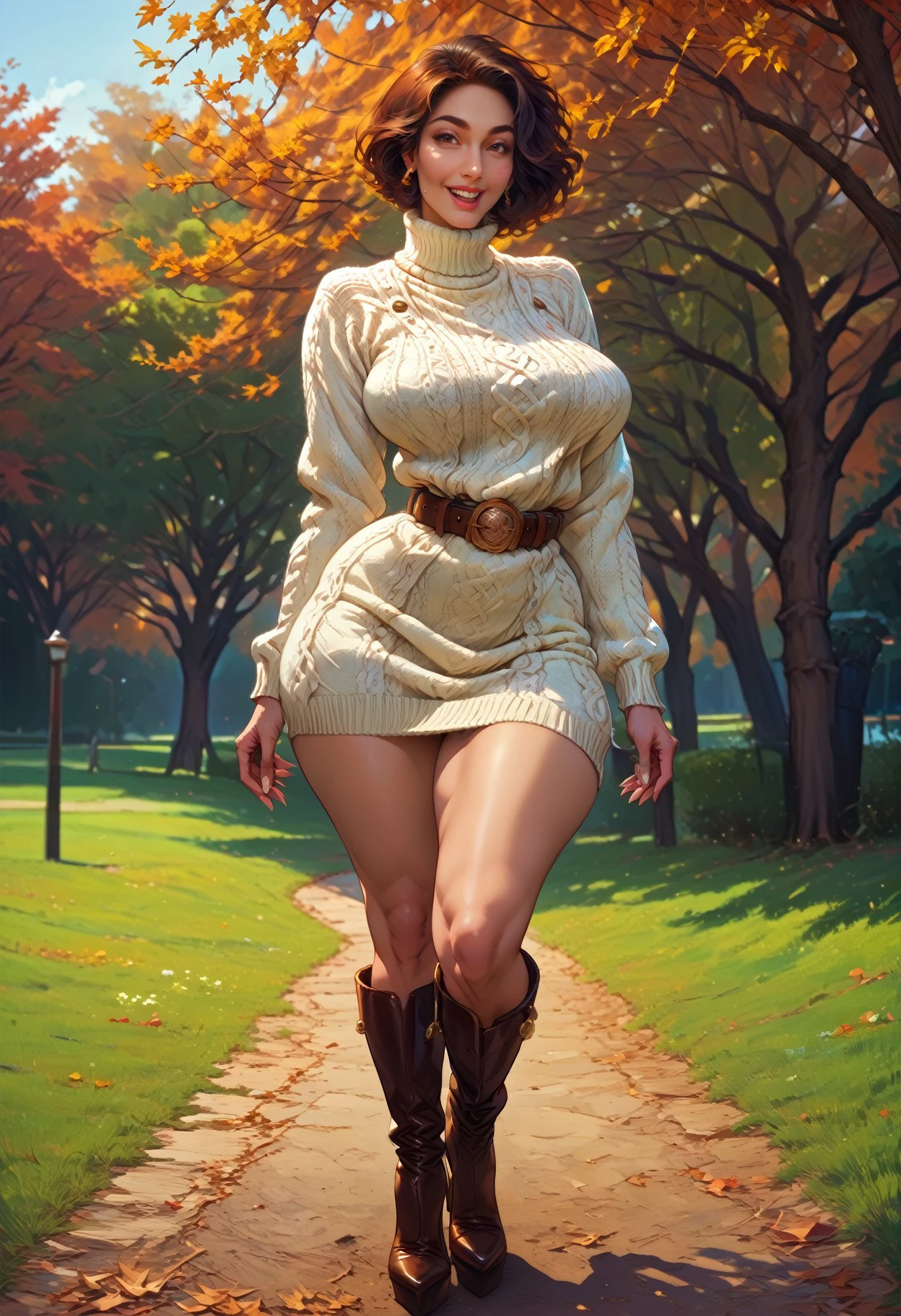 score_9, score_8_up, score_7_up,1girl, sweatermilf, large breasts, wide hips, aran sweater, belt, high heel boots, jewelry, happy, posing, full body shot, british park background, autumn, detailed background, <lora:kok:0.75> <lora:Pony_DetailV2.0:1> <lora:Erin_Hanson_r1:0.5>, <lora:SweaterMilf:0.85>