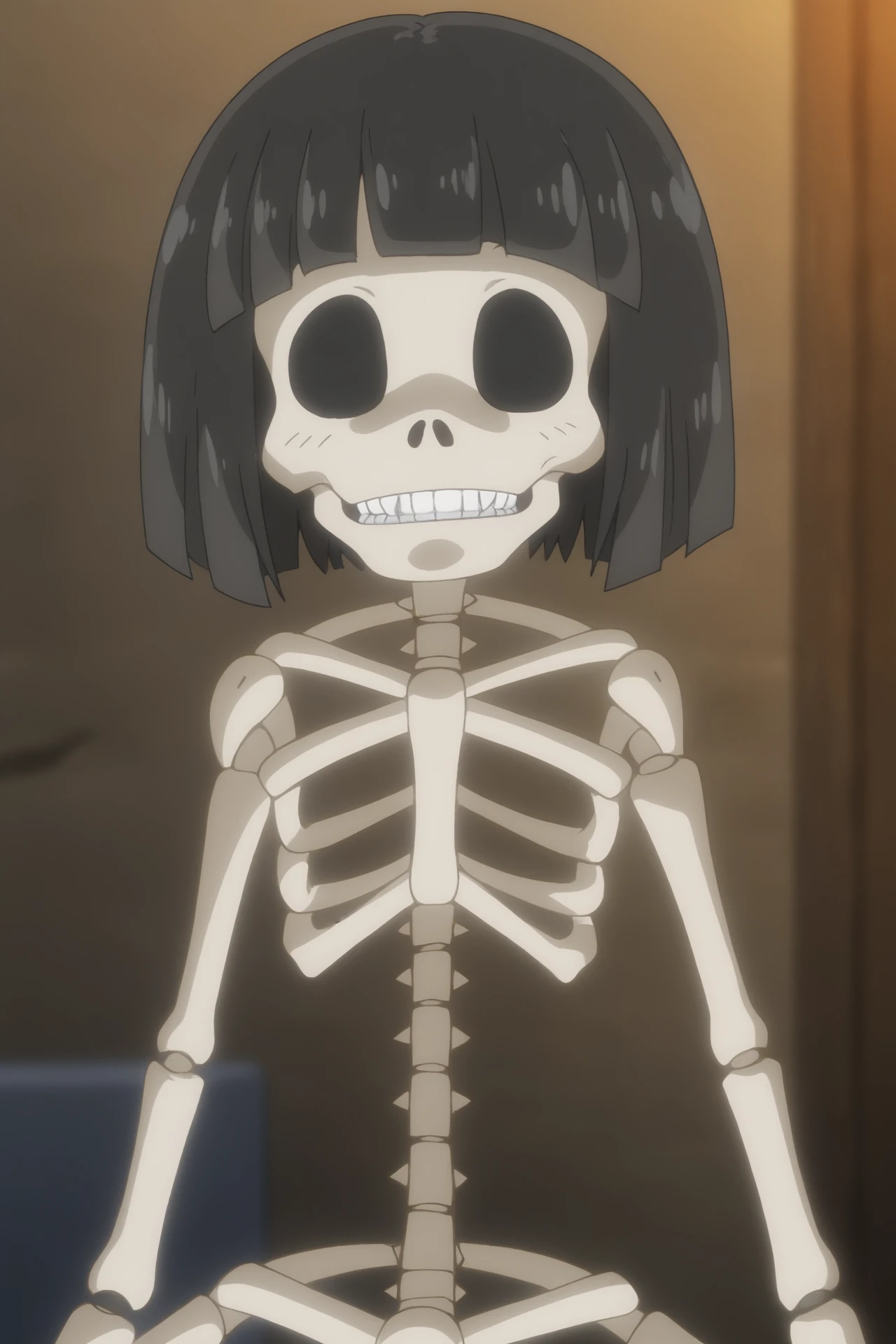 High resolution,high quality,(Perfect body),One Girl,Light purple hair,Short Hair,Red Eyes,体はSkeleton,Skeleton,Skeleton body,Smiling suspiciously,(Are standing),(looking at the camera),School,classroom,(from the front),青白く光るSkeleton