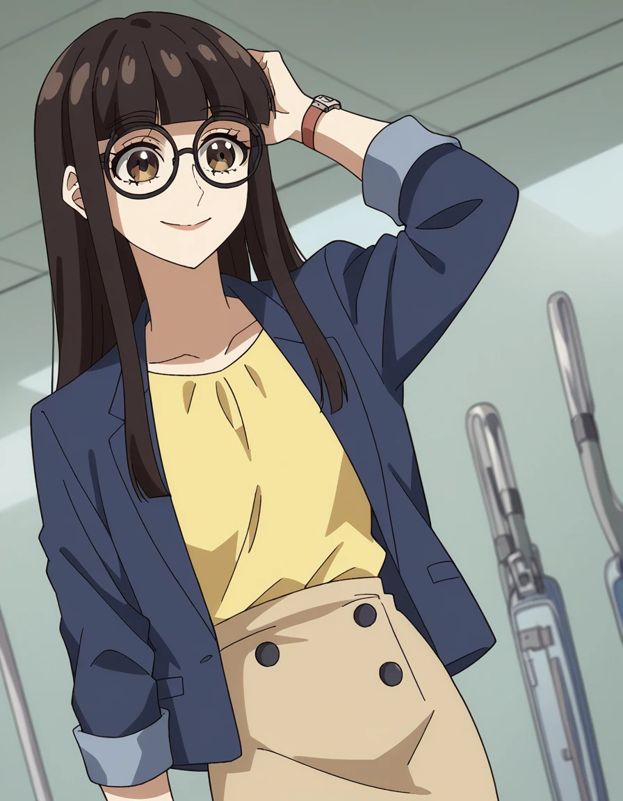 score_9, score_8_up, score_7_up, source_anime, <lora:mayu-uchida-s1-ponyxl-lora-nochekaiser:1>, mayu uchida, long hair, bangs, brown hair, black hair, brown eyes, sidelocks, blunt bangs, glasses, medium breasts,, skirt, shirt, jacket, blue jacket, yellow shirt, wristwatch, skirt, pencil skirt,, airport, waiting area, suitcase, flight delayed, passengers, reading book, smile, , hand behind head, , solo,, cowboy shot, dutch angle