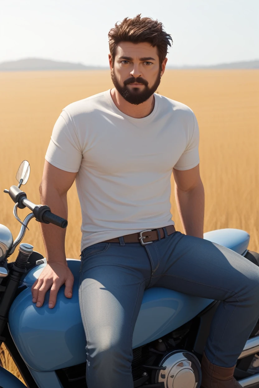 score_9, score_8_up, score_7_up, score_6_up
<lora:TBBButcher:1.0>
TBBButcher, 1boy, brown hair, beard, brown eyes, looking at viewer, sitting on a motorcycle in an open field, wearing a white t-shirt and jeans, wind in his hair, vast sky above, rebellious yet calm atmosphere