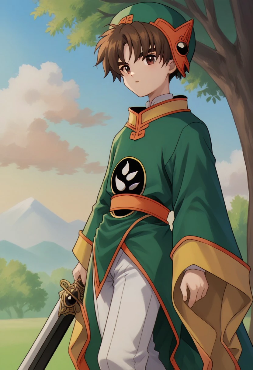 score_9, score_8_up, score_7_up, source_anime, highly detailed, 
syaoran, 1boy, male focus, solo, brown hair, brown eyes, hat, green headwear, chinese clothes, shirt, white shirt, pants, white pants, robe, green robe, yin yang, long sleeves, wide sleeves, sword on back,
outdoor, sky, cloud, tree