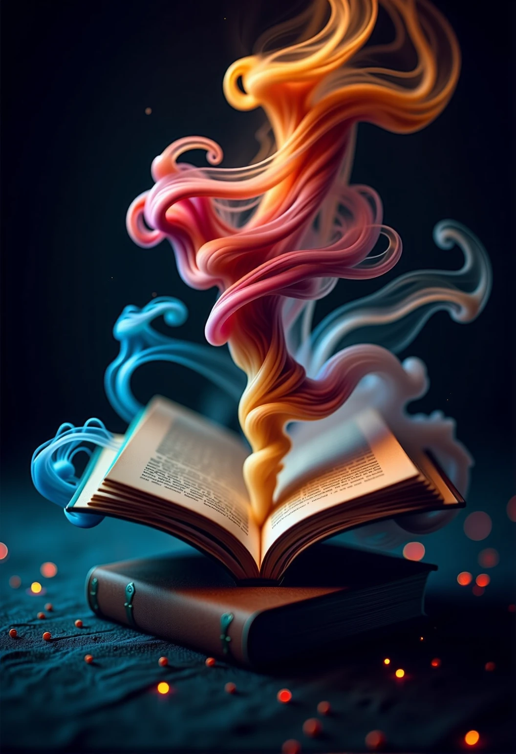 bv-smowormor. An ordinary object, such as a book, partially dissolving into smoky spirals, the solid structure gradually fading into smoke, with the transformation gently mixing with the flickering candlelight, creating a mysterious atmosphere) The scene is captured with a wide-angle shot, showcasing the grandeur of the scene, with the interplay of vibrant colors and smoky trails blending into the environment. The lighting is designed to create an enchanting, dreamlike glow with soft, diffused highlights accentuating the smoke transitions. The scene features glowing particles or embers floating gently in the air, mixing with the smoke to add a sense of fantasy and dynamism. The style is inspired by surrealism, using contrasting colors and sharp highlights to enhance the dreamlike quality of the smoke transformation. , <lora:bv-smoke-world-morph-1-0.safetensors:1.0:1.0>