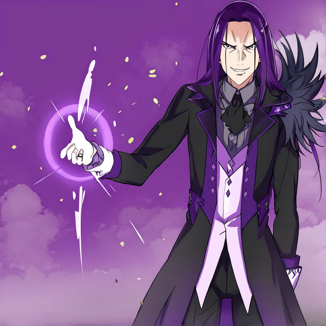 <lora:StrideVollachia:1>, stride, thirty years of age, his features, were uncommonly sharp and noble, has long, rich deep-purple hair, that had a silky look to it, and reached past his shoulders, wears black trousers, black shoes, a light grey shirt, a black cravat, a white waistcoat over the shirt, and a black long coat over the waistcoat, that had notched lapels and rolled cuffs, purple lining, on his left shoulder, has many large feathers with purple tips, on each of his ten fingers, are ring curse tools, solo, standing in a city, with ruined buildings, is fighting, magic, looking at something