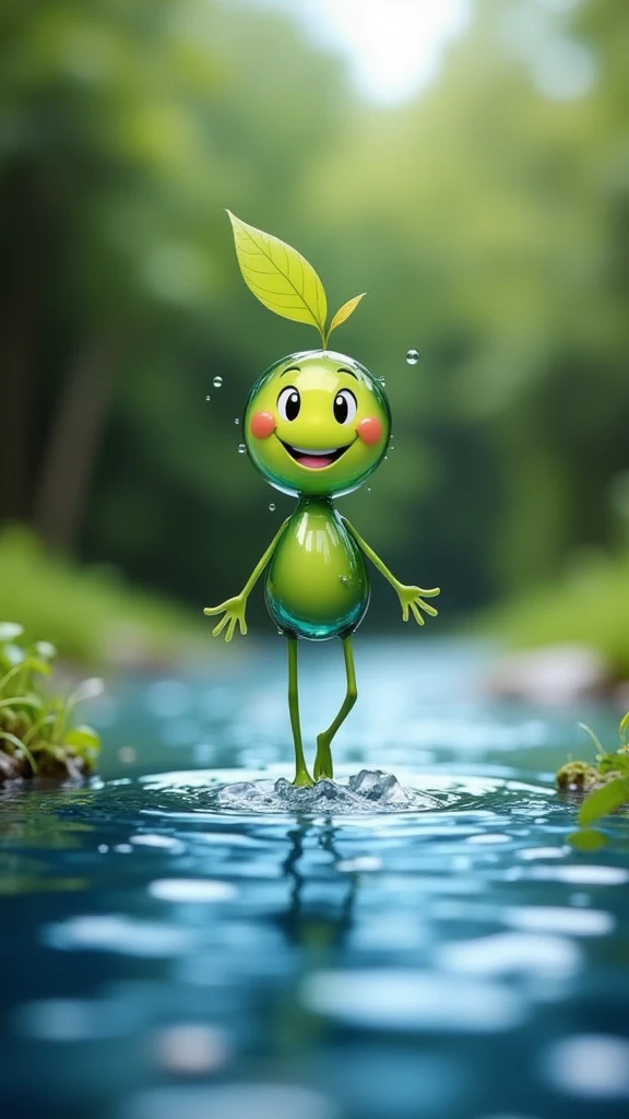 animated waterdrop smile, stand on river, leaf