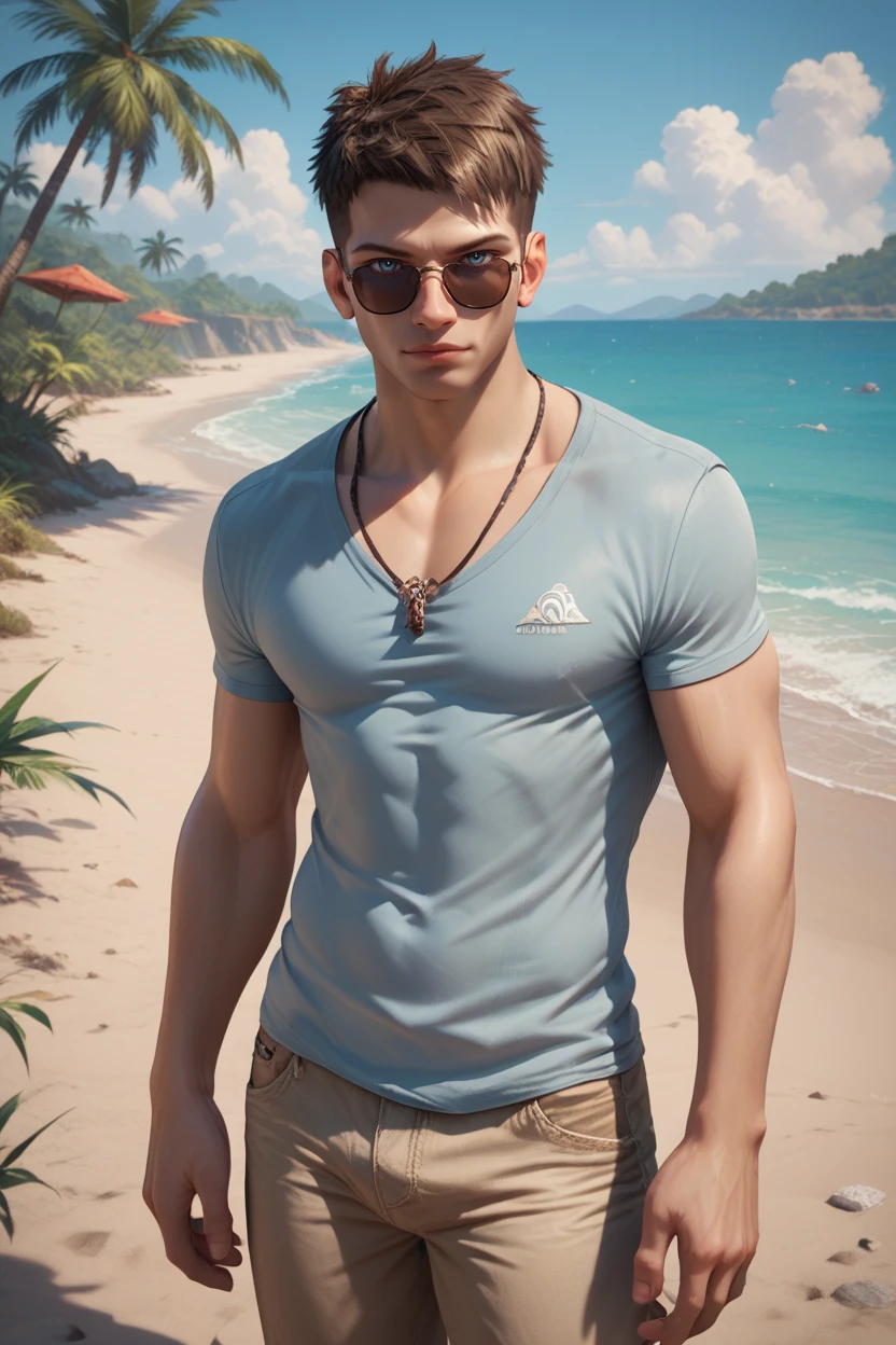 score_9, score_8_up, score_7_up, score_6_up
<lora:DmCDante:0.8>
DmCDante, 1boy, short hair, brown hair, blue eyes, looking at viewer, full-body shot, sandy beach, male model with a muscular build, wearing casual linen shirt, sunglasses, crystal clear water, tropical island in the background