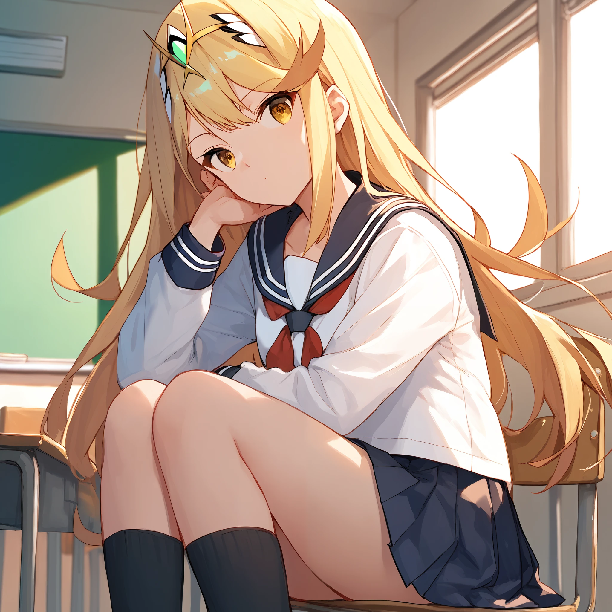 score_9, score_8_up, score_7_up, score_6_up, score_5_up, score_4_up, BREAK source_anime, look at viewer, rating_safe, 1girl, solo, masterpiece, best quality,  mythracs, blonde hair, yellow eyes, long hair, tiara,  school uniform, neckerchief, sailor collar, white shirt, pleated skirt, skirt, long sleeves, serafuku, black socks, classroom, indoors,