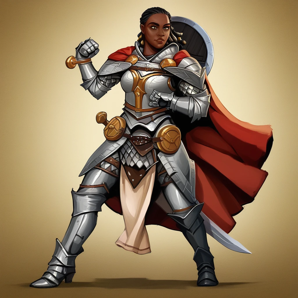 SeelahPathfinder,1girl,solo,black hair, very dark skin,dark skinned female,large breast, black hair,dreadlocks,armor,full armor,silver armor,knight armor,shoulder armor,breastplate,pauldrons,gloves,vambraces,greaves,boots,high heels,pelvic curtain,sword,lips,armor ornament,cape,shild,brown eyes,seduvtive pose,