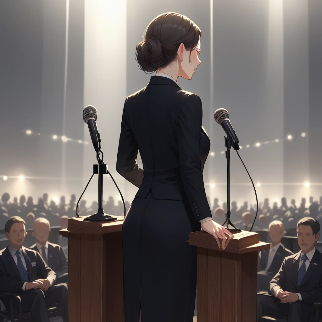 score_9, score_8_up, score_7_up, score_6_up, score_5_up, score_4_up, zPDXL2,source_anime,rating_questionable,  <lora:Podium:0.8> Pod1um, wooden podium, microphone, 1girl, formal outfit, from behind, crowd