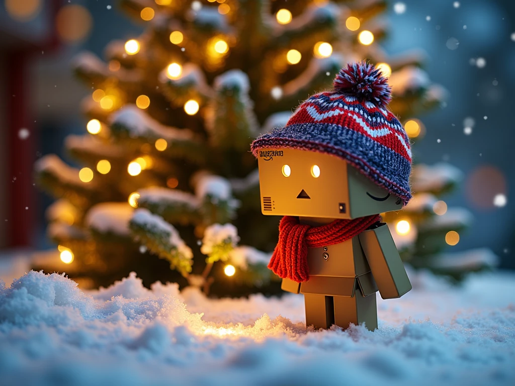 danbo, a warmly lit Danbo figure donning a vibrant, snowflake-patterned knitted hat, standing amidst softly falling snowflakes in front of a majestic, twinkling Christmas tree adorned with intricate, colorful lights, against a softly blurred, ethereal winter wonderland background.