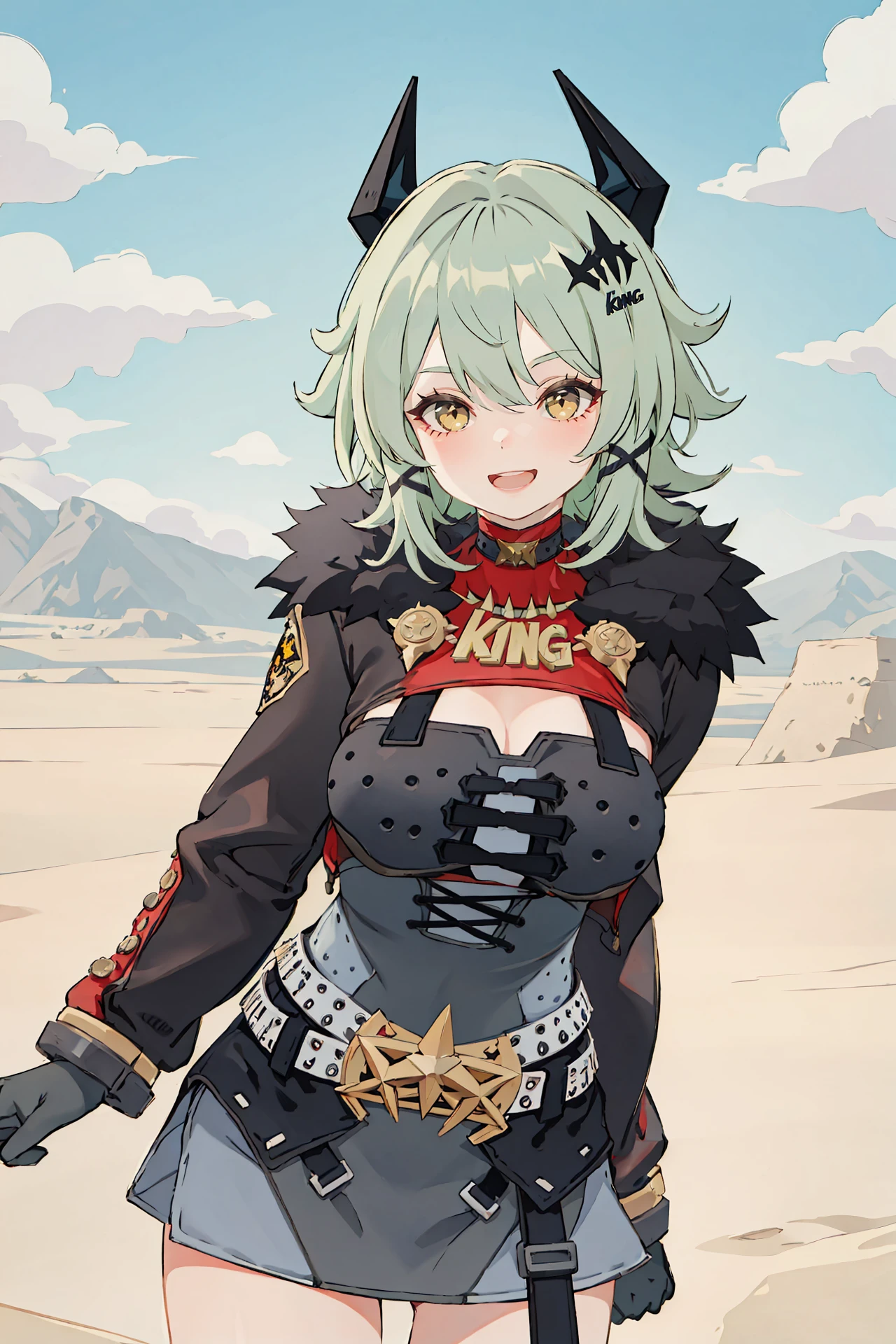 1girl, caesar king \(zenless zone zero\), horns, x hair ornament, hairclip, turtleneck sweater, mechanical arms, pencil dress, fur-trimmed jacket, arm out of sleeve, looking at viewer, smiling, open mouth, desert, outdoors, depth of field, standing, cowboy shot