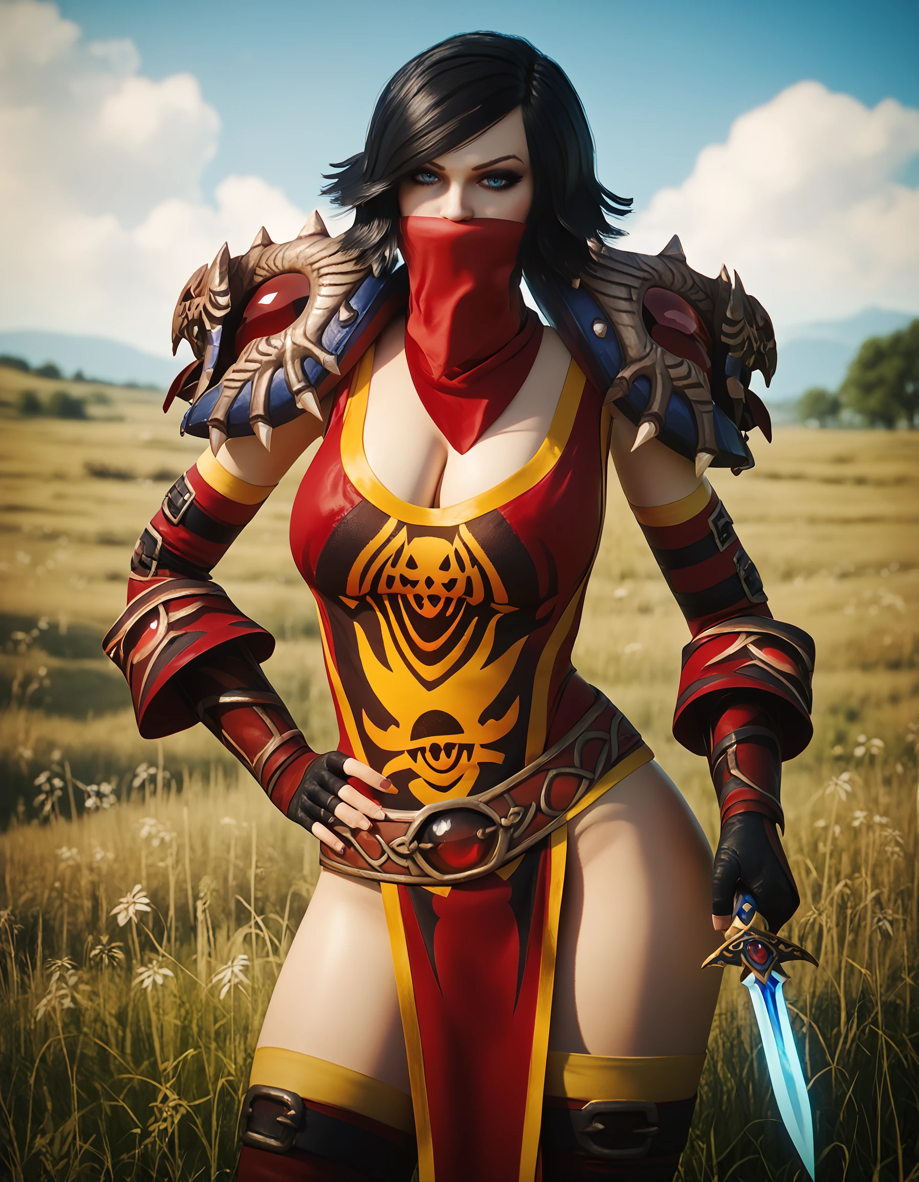 score_9,  score_8_up, score_7_up, score_6_up, score_5_up, realistic, game screenshot, 
a girl is standing, hand on own hip, cowboy shot, holding dagger, close-up,
Vanessa VanCleef,
looking at viewer, confident,
black hair, short hair, blue eyes, makeup, head tilt, 
bandana over mouth, shoulder armor, tabard, pelvic curtain, elbow gloves, belt, red thighhighs, fingerless gloves,
large breasts, cleavage, thighs,
outdoors, field, field of rye, blue skies, clouds, day, rye, yellowe field,
<lora:Vanessa VanCleef3216PDXL:1>