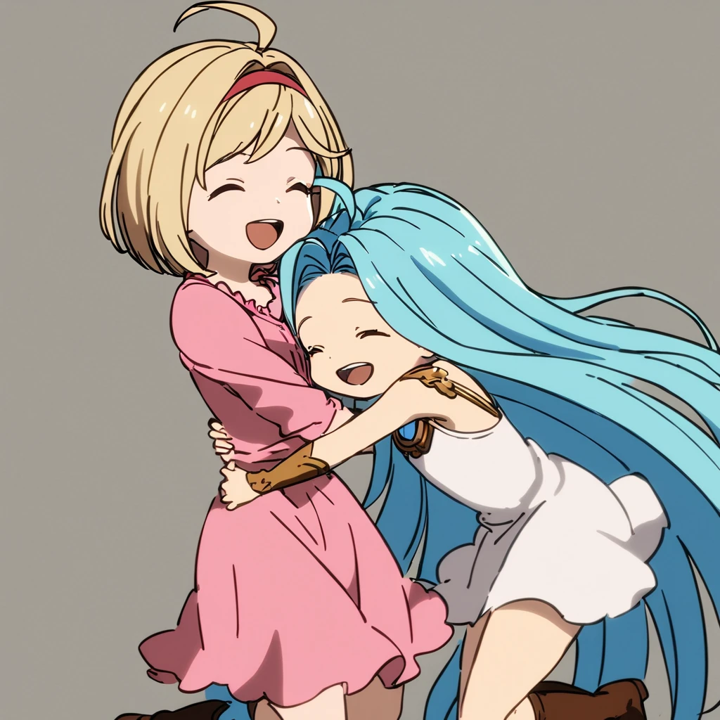 best quality, simple background, white background, 
hug, (jumping:1.1), smile, closed eyes, open mouth, 
2girls, yuri, (chibi:0.7), 
lyria \(granblue fantasy\), very long blue hair, ahoge, white sleeveless dress, 
djeeta \(granblue fantasy\), blonde short hair, pink shirt, 
<lora:JitaRuri-XL:1> jitaruri, (anime coloring:1),