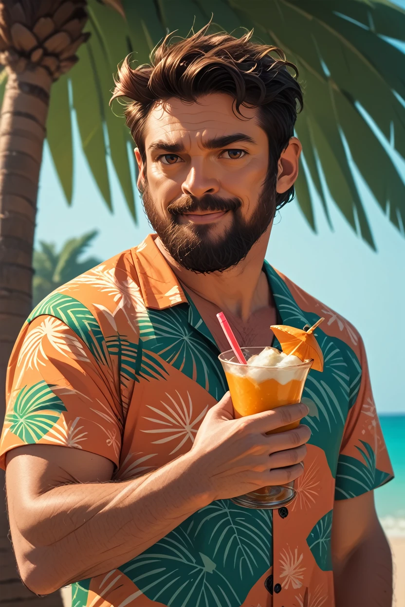 score_9, score_8_up, score_7_up, score_6_up
<lora:TBBButcher:1.0>
TBBButcher, 1boy, brown hair, beard, brown eyes, looking at viewer, male model wearing a Hawaiian shirt, smiling, holding a coconut drink, vibrant sunset, palm trees swaying in the breeze, tropical vibes