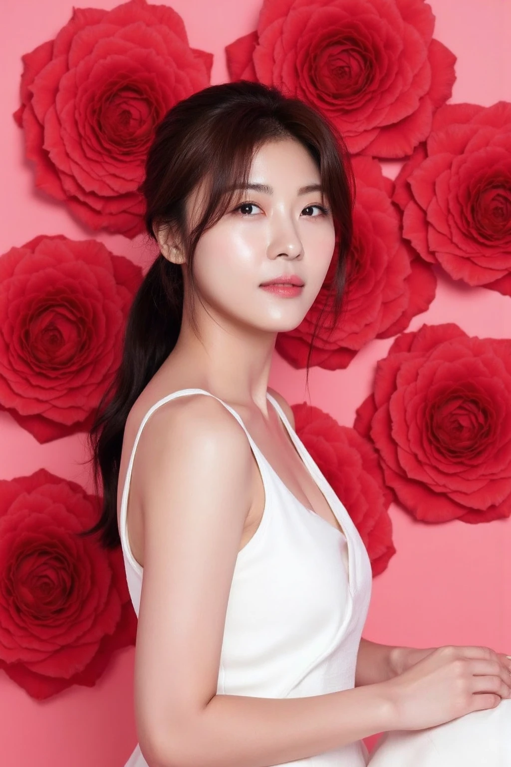 The image showcases a young korean woman. She is positioned against a strikingly vibrant pastel pink background, which is filled with large red roses. The roses dominate the composition, adding a dramatic and intense contrast to her skin tone and overall appearance.
The woman is dressed in white sleeveless dress, which drapes softly over her shoulders, leaving her upper back and one shoulder exposed. Her expression is calm and slightly mysterious, with her gaze directed slightly to the side, away from the camera. The large roses, some of which overlap with her figure, create a dreamy and surreal atmosphere, as if she is blending into or emerging from the floral background., <lora:flux_realism_lora:1>, <lora:makinaflux_hajiwon_v1.0:1>