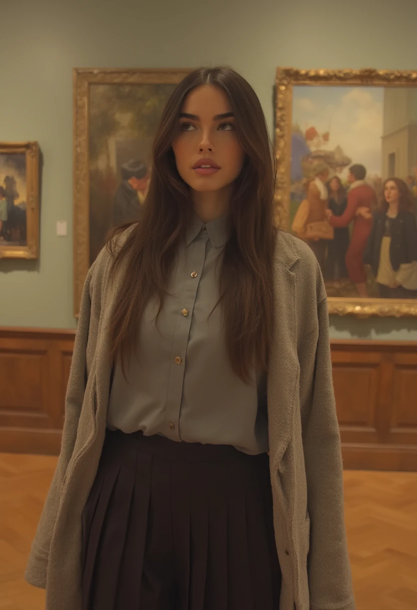 woman, heavy makeup, direct eye contact, walks through an art gallery, admiring paintings. She is dressed in a modest, high-necked blouse tucked into a pleated knee-length skirt, with a simple cardigan draped over her shoulders, m4d1s0n