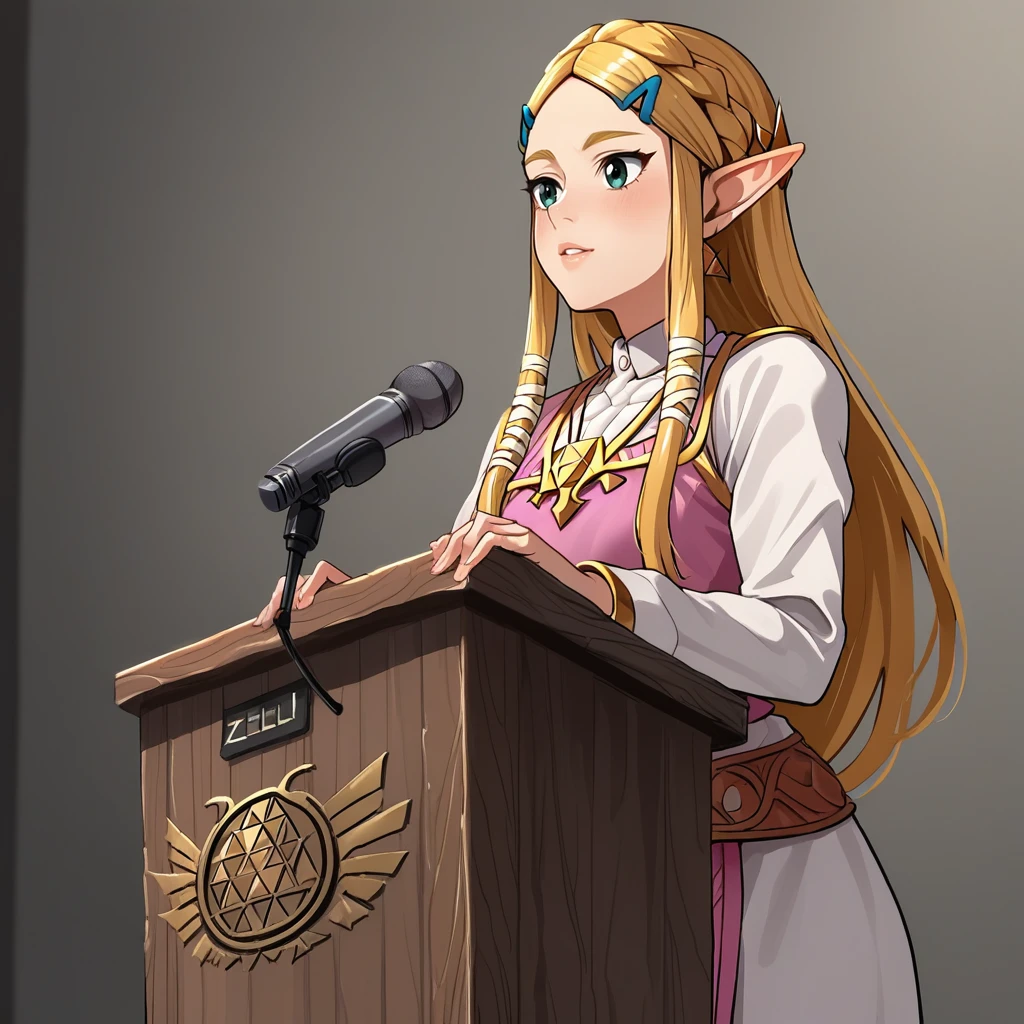 score_9, score_8_up, score_7_up, score_6_up, score_5_up, score_4_up, zPDXL2,source_anime,rating_questionable,  <lora:Podium:0.8> Pod1um, wooden podium, microphone, 1girl, princess zelda, white suit