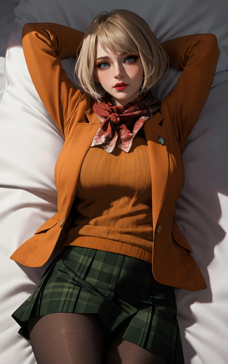 (masterpiece, best quality:1.4), insaneres, absurdres, solo, looking at viewer,BREAK 
MainOutfit_Ashley_ownwaifu,  
1girl, blue eyes, short hair, blonde hair, lips, freckles, jewelry, bob cut, necklace, nose, bangs, large breasts, red lips, eyelashes, lipstick, makeup, 
red scarf, brown coat, orange sweater, ribbed sweater, black pantyhose, plaid skirt, green skirt, miniskirt, pleated skirt, turtleneck, blazer, long sleeves, orange jacket, open coat,
(dakimakura \(medium\), solo, arms behind head), on bed, on back, pillow, from above, indoors, <lora:GAME_ResidentEvil4Remake_Ashley_ownwaifu:0.7> , depth of field