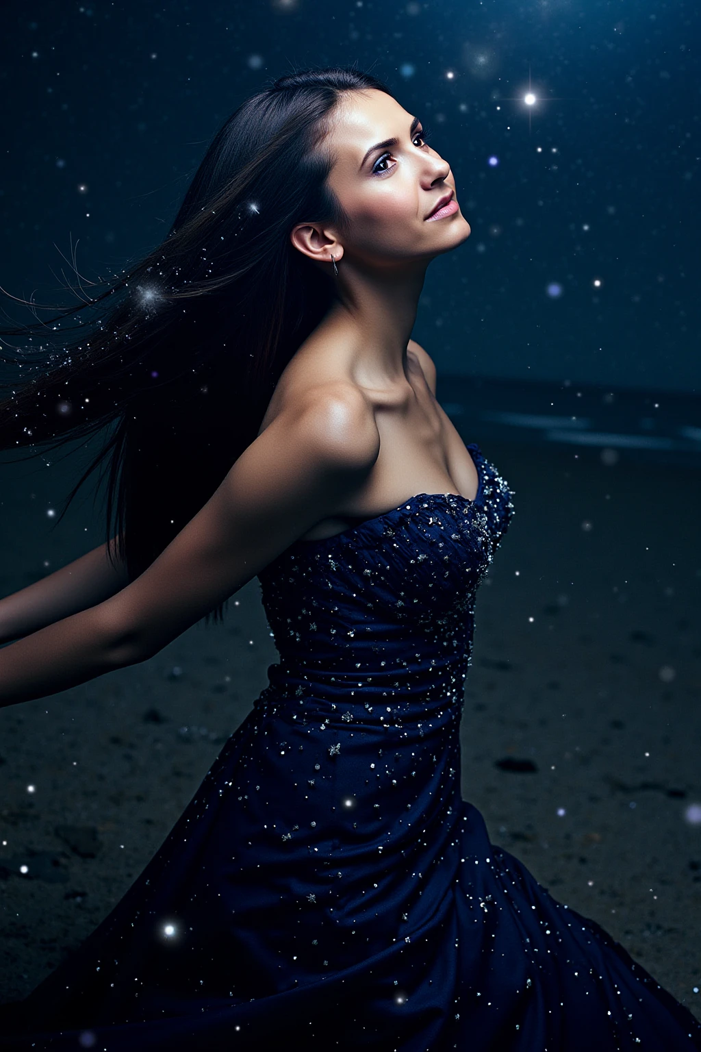 a beautiful woman.

from top,close shot,Rembrandt lighting,

(In a shimmering gown of midnight blue, speckled with silver accents that resemble stars, her hair flowing like a cascade of stardust, with tiny, glowing jewels woven into it, her expression ethereal and serene as she gazes upward, embodying the beauty of the cosmos), (Set against a vast, starry sky, where distant galaxies and constellations twinkle above, the celestial backdrop bathes her in a soft, cosmic glow, creating a sense of infinite wonder and mystery), (celestial:1.3), (soft, radiant lighting, cool tones, starry textures with subtle motion, a dreamy and expansive composition that captures the vastness of space:1.3),










