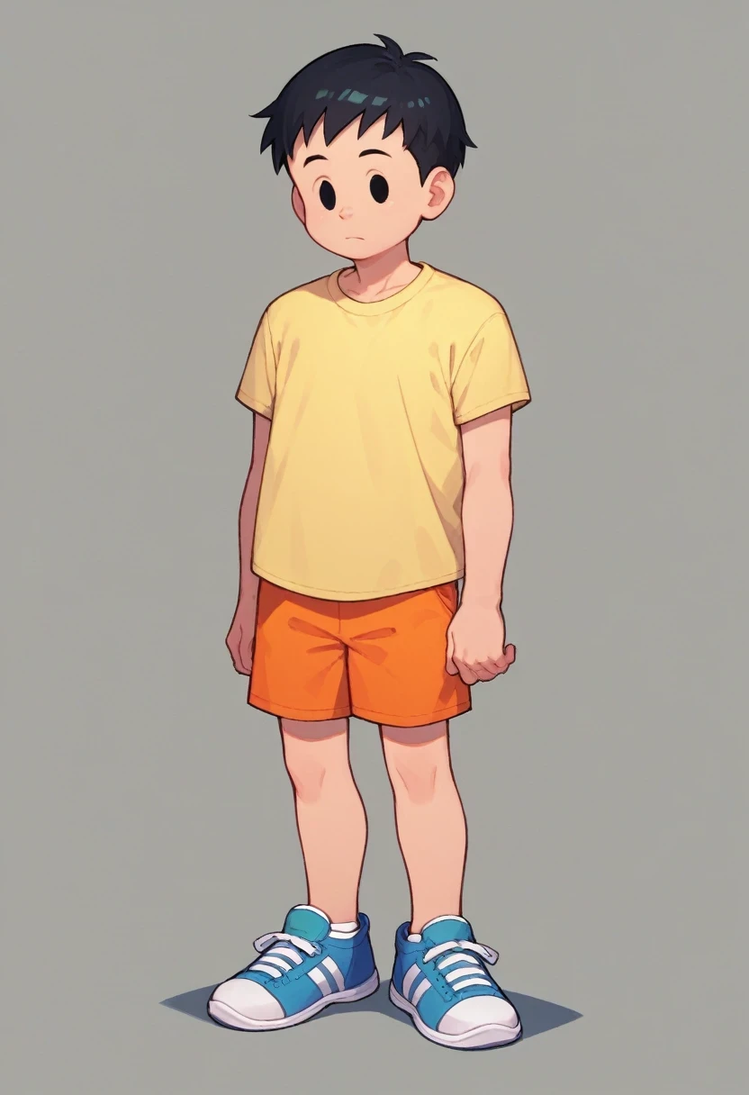 andre, solo, short hair, shirt, black hair, 1boy, standing, full body, male focus, shorts, shoes, black eyes, yellow shirt, t-shirt, orange shorts, blue shoes