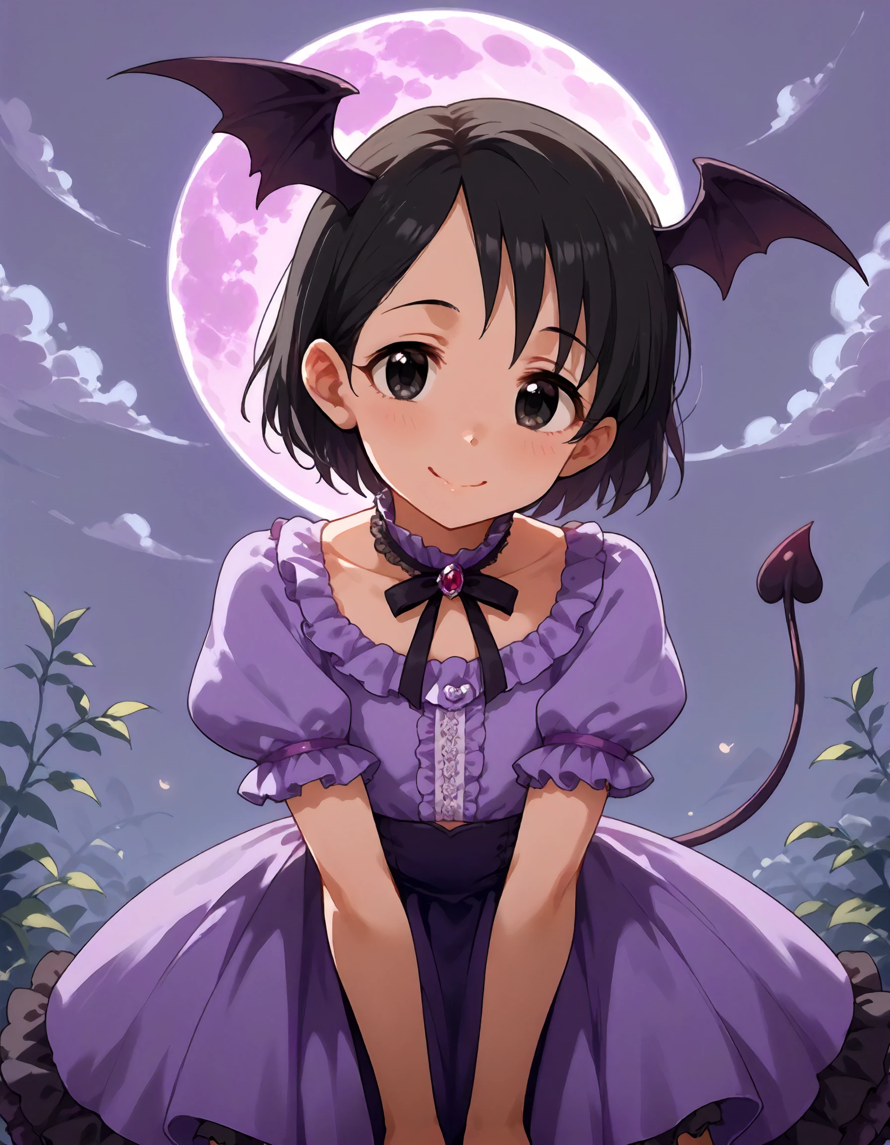 score_9,score_8_up,score_7_up,1girl,solo,looking at viewer,shy smile,purple moon,demon girl,leaning forward,
<lora:sasakichie_ponyXLV6:0.8>,cgsce,
black hair,short hair,black eyes,flat chest,
head wings,purple dress,puffy short sleeves,frills,demon tail