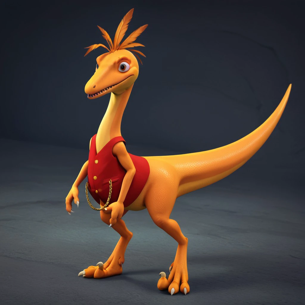 score_9, score_8_up, score_7_up, score_6_up, score_5_up, score_4_up, source_furry, dtmrconductor, feral, male, troodon, theropod, orange skin, red gilet with golden buttons, no humans,  claws, standing, black eyes, feather hair, <lora:a2cce901-dad6-43e7-ab66-fbefc3ce93bd:0.7>