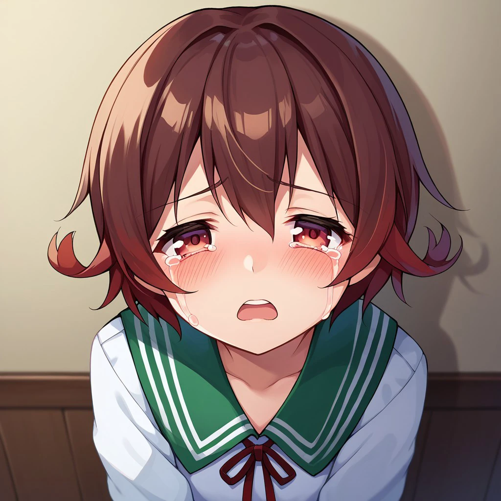 score_9, score_8, score_7, source_anime, mutsuki (kancolle), skirt
POV, looking at viewer, blush, sad, open mouth, upper teeth only, crying