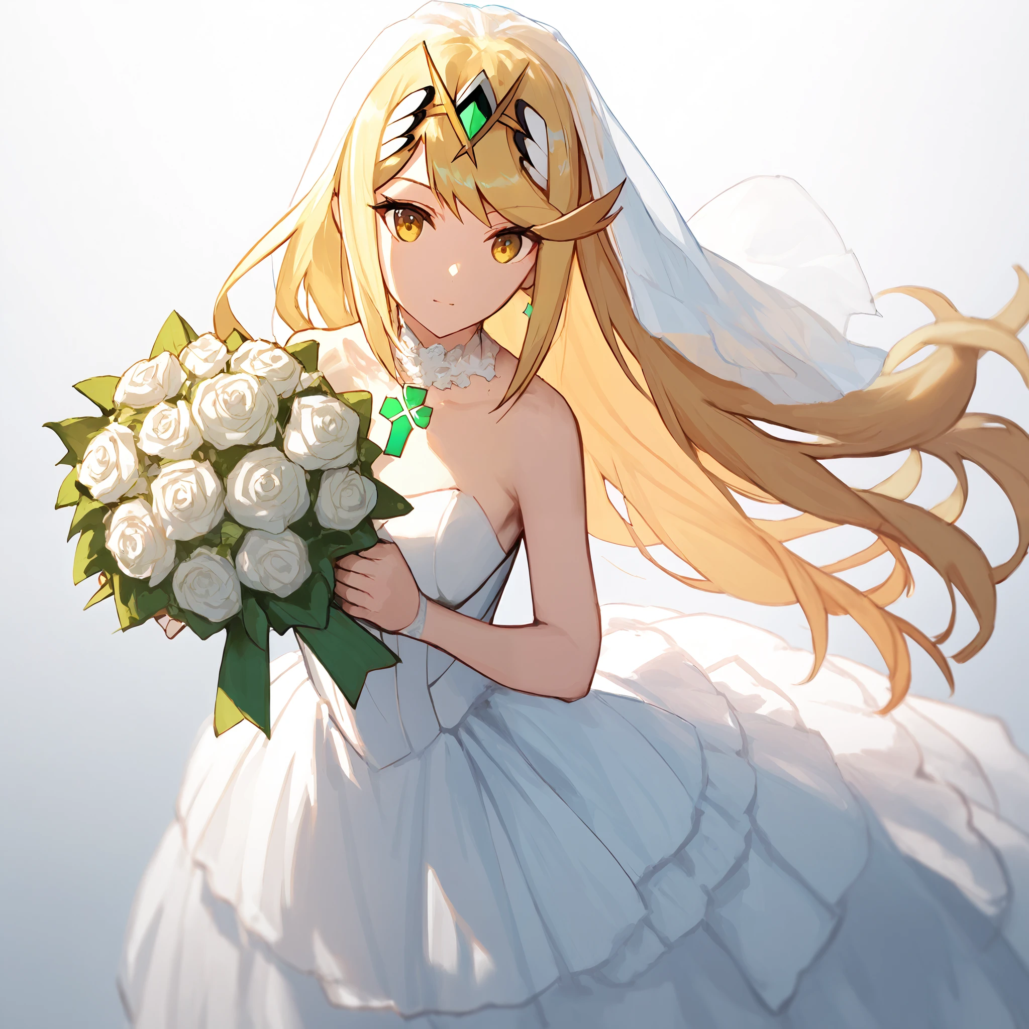 score_9, score_8_up, score_7_up, score_6_up, score_5_up, score_4_up, BREAK source_anime, look at viewer, rating_safe, 1girl, solo, masterpiece, best quality,  mythracs, blonde hair, yellow eyes, long hair, tiara,  wedding dress, holding bouquet,