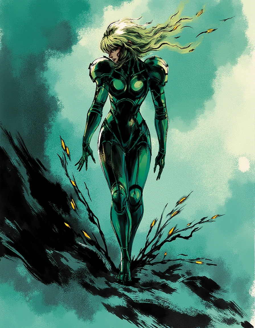 In a breathtaking digital masterpiece reminiscent of Yoji Shinkawa’s iconic style, the formidable bounty hunter Samus Aran is depicted in a moment of intense exploration. The dynamic brushstrokes are fluid and gestural, swirling around her form with varied thickness, creating a palpable sense of energy and motion as she navigates through an alien landscape. 

Draped in her signature, sleek power suit, the armor gleams with a metallic sheen, contrasting sharply against the rough, textured lines that evoke a raw, organic feel to the surrounding environment. The limited color palette features stark monochromatic shades, accented with deep emerald greens and electric blues, illuminating her figure against the shadowy backdrop of a mysterious, otherworldly terrain.

High contrast illuminates her silhouette, enveloping her in a play of light and dark where large areas of negative space emphasize her solitary journey. Samus stands in a powerful stance, her pose exaggerated to convey an electrifying sense of motion and tension. 

The imperfect forms of the scene are punctuated with deliberate rough strokes, allowing for a sense of spontaneity while hinting at the intricacies of her surroundings. Layering and textures intertwine, blending hatching and brush strokes with digital refinement to build an immersive depth that draws the viewer in.

Hints of abstract detailing pepper the scene, suggesting alien flora with minimal features, leaving ample room for interpretation and imagination. The balance of controlled chaos in the composition guides the viewer’s eye through the dynamic line flow, capturing the essence of Samus Aran as she embodies both the hunter and the hunted in this visually arresting tableau.