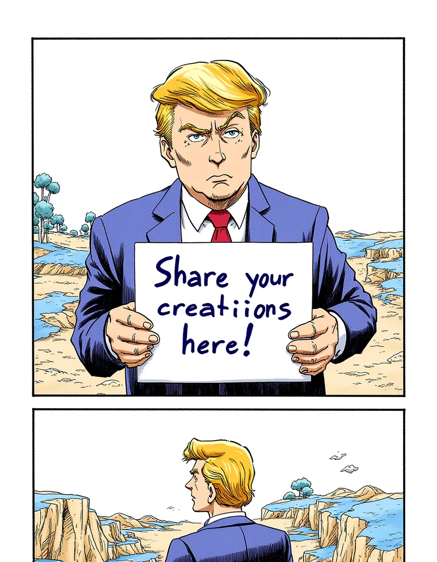 Donald Trump holding a placard with âShare your creations here!â written on it, landscape in the background, in the manga style of ToriYa-Free-Flux,  <lora:ToriYa-Free-Flux:1>