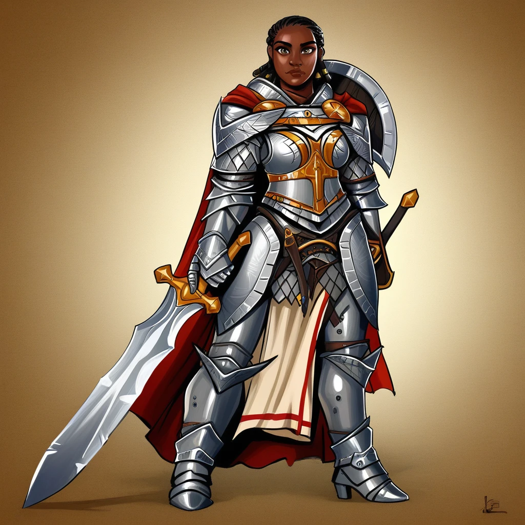 SeelahPathfinder,1girl,solo,black hair, very dark skin,dark skinned female,large breast, black hair,dreadlocks,armor,full armor,silver armor,knight armor,shoulder armor,breastplate,pauldrons,gloves,vambraces,greaves,boots,high heels,pelvic curtain,sword,lips,armor ornament,cape,shild,brown eyes,