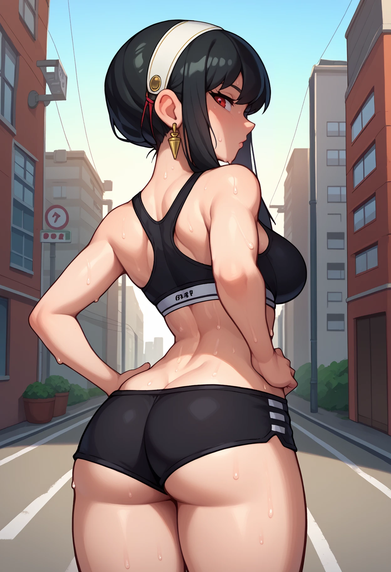 score_9, score_8_up, score_7_up, <break> solo, 1girl, y0rrnd, sweat, looking back, hands on own hips, long hair, black hair, white hairband, red eyes, black sports bra, black shorts, micro shorts, gold earrings, outdoors, city street
<segment:yolo-face_yolov8m.pt,0.4,0.5//cid=1>