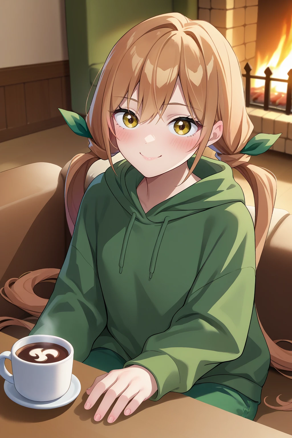 score_9, score_7_up, source_anime, looking at viewer, smile, blush, indkrn, brown hair, yellow eyes, hair between eyes, low twintails, hair ribbon, green hoodie, green pants, sitting, indoors, couch, fireplace, table, hot chocolate, <lora:Hoseki_100Girlfriends_KaraneInda_PDXL_v1:1>