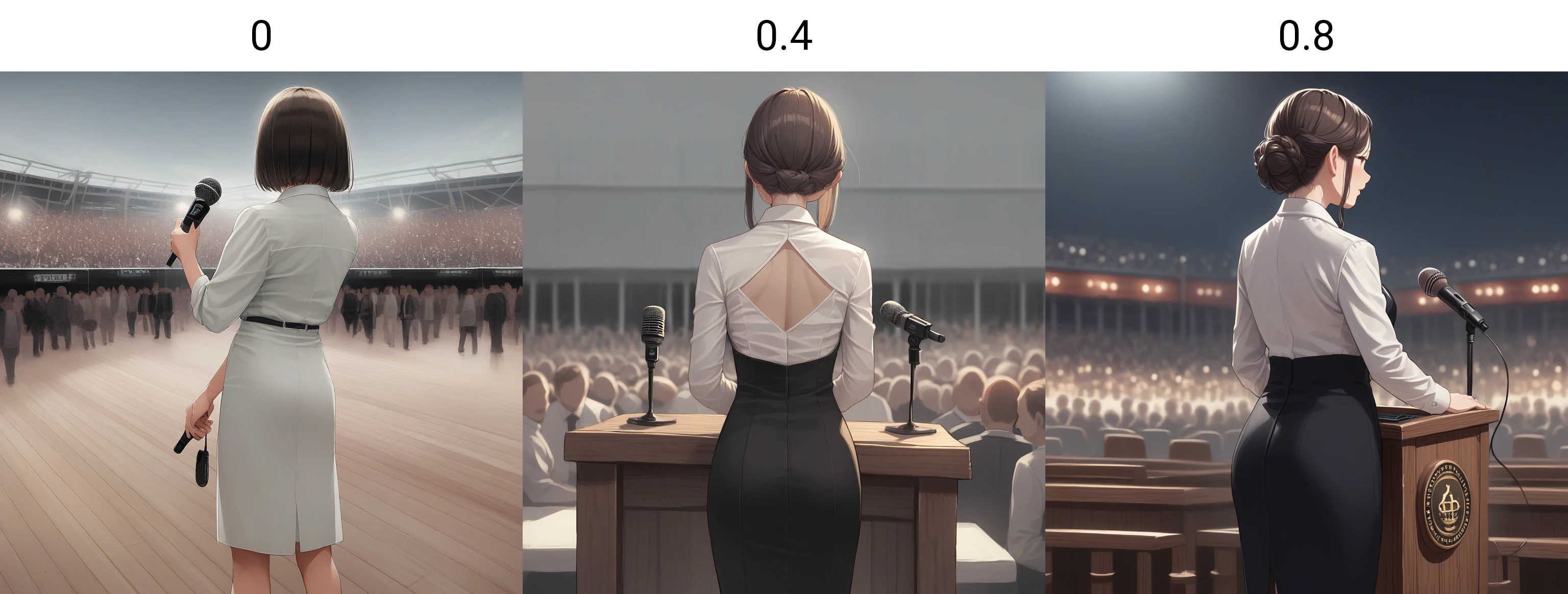 score_9, score_8_up, score_7_up, score_6_up, score_5_up, score_4_up, zPDXL2,source_anime,rating_questionable,  <lora:Podium:0> Pod1um, wooden podium, microphone, 1girl, formal outfit, from behind, crowd